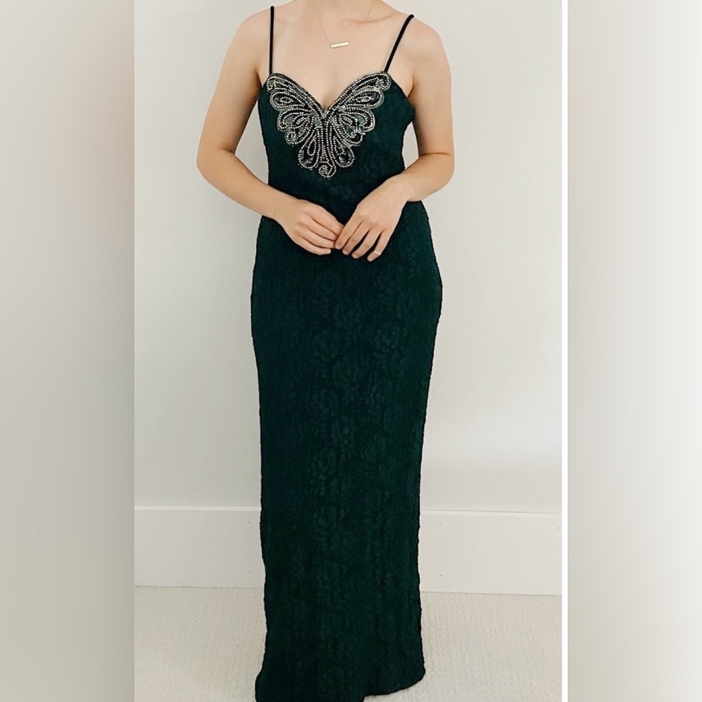 VTG FREDRICK’S Emerald Beaded Lace Gown